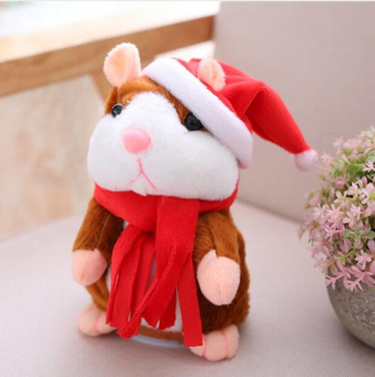 Brown and white plush talking hamster toy with pink nose and ears, standing upright on a white surface. - Image 4