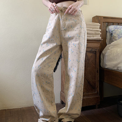 Jeans Retro Cintura Alta Floral Claro Holgado Recto Mujer