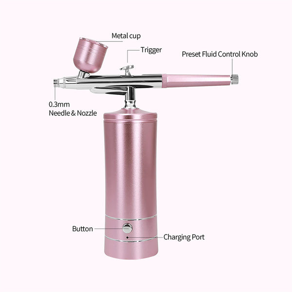 Black and silver oxygen injection beauty instrument with nano spray gun and two clear liquid bottles, spraying colorful mist.