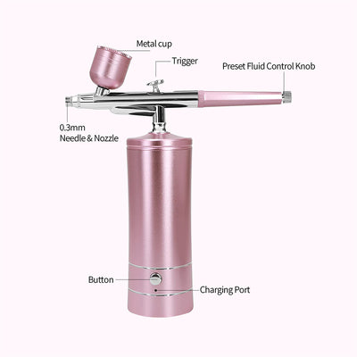 Black and silver oxygen injection beauty instrument with nano spray gun and two clear liquid bottles, spraying colorful mist.