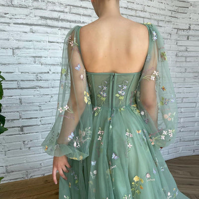 Vestido de Noche Verde con Mangas Puff de Encaje - Largo Elegante para Prom - Image 13