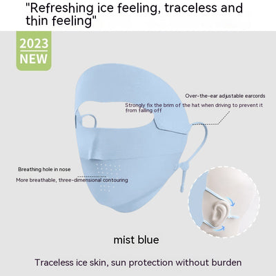 Light blue ice silk face mask with breathable perforations and adjustable ear loops for sun protection. - Image 10