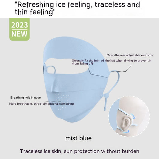 Light blue ice silk face mask with breathable perforations and adjustable ear loops for sun protection. - Image 10
