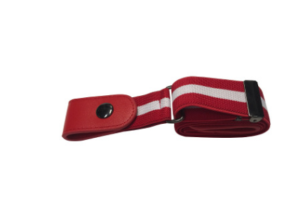 Red, white, and blue striped elastic stretch belt with brown leather-look ends and a silver-tone double buckle. - Image 13