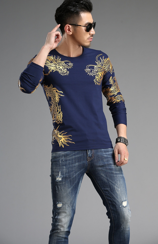 Playera Manga Larga Cuello Redondo Estilo Chino Dragón 3D Slim Fit - Image 13