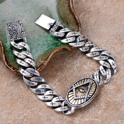Pulsera de Plata 925 Ojo de Dios con Fénix Vintage y Cruz - Diseño Punk Masculino - Image 5