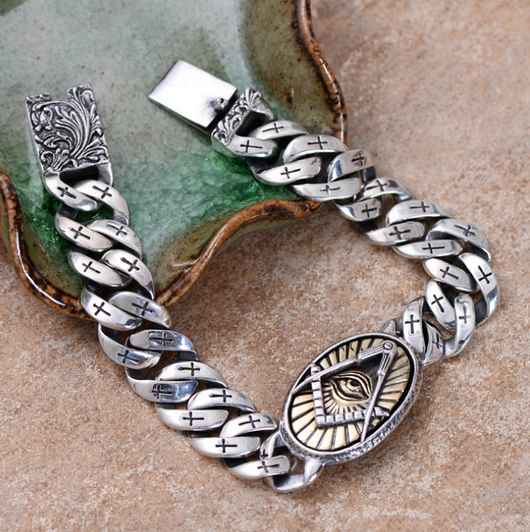 Pulsera de Plata 925 Ojo de Dios con Fénix Vintage y Cruz - Diseño Punk Masculino - Image 5