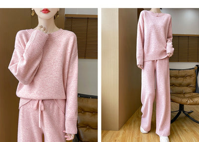 Conjunto de Abrigo Tejido Grueso Lana Australiana - Suéter Escote Redondo Estilo Occidental + Pantalón Recto - Image 13
