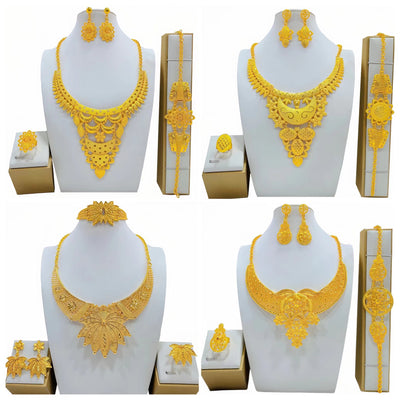 Gold-colored women's jewelry set with ornate floral and filigree designs, including a necklace, drop earrings, bracelet, and ring. - Image 6