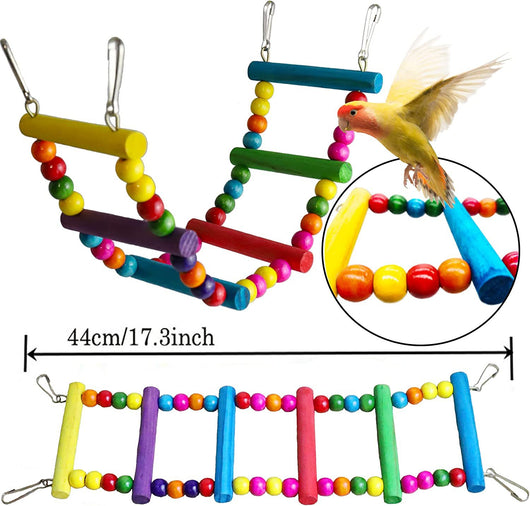 7-piece set of colorful wooden parrot toys with bells, including swings, perches, and chew toys for bird cages. - Image 9