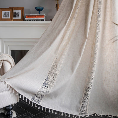 Beige crochet and plaid stitching short curtain with tassels, made from polyester cotton, hanging in a cozy room. - Image 8
