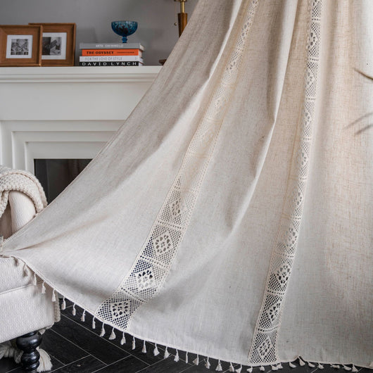 Beige crochet and plaid stitching short curtain with tassels, made from polyester cotton, hanging in a cozy room. - Image 8