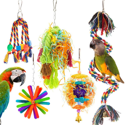 5-piece colorful parrot gnawing toy set with braided cotton ropes, wooden beads, shredded paper, and a bell. - Image 9