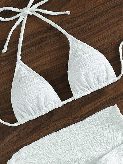 White textured lace-up split bikini swimsuit with a triangle halter top, high-cut bottoms, and matching sarong. - Image 10