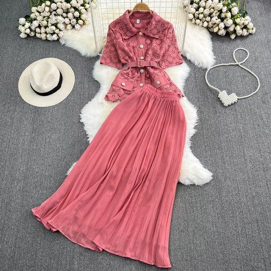 Conjunto Elegante: Blusa Suelta con Encaje y Falda Plisada de Cintura Alta - Image 12