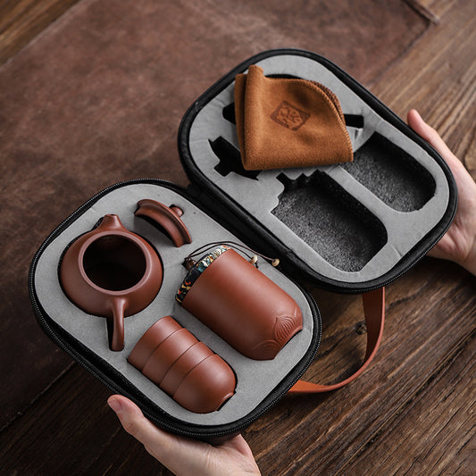 Juego de Té Portátil en Piedra Púrpura con 4 Tazas y Contenedores