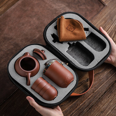 Juego de Té Portátil en Piedra Púrpura con 4 Tazas y Contenedores