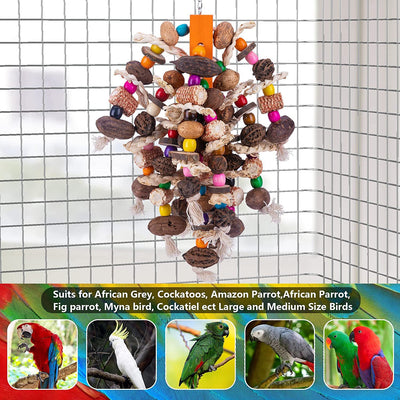 Colorful wooden bird toy with natural pods and beads, hanging in a cage for large and medium parrots. - Image 6