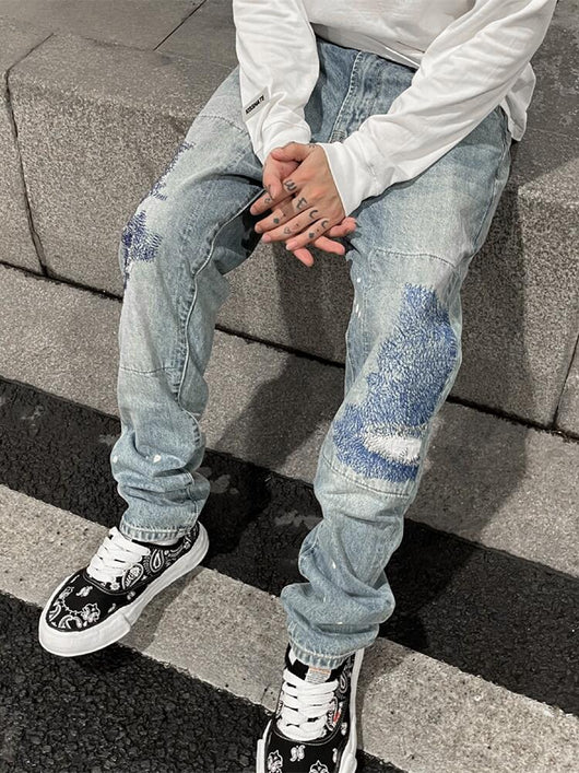 Jeans Rectos Casuales para Hombre con Diseño Floral Quemado y Lavado Industrial - Image 17