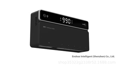 Black wall-mounted UVC toothbrush sterilizer with digital display, holding one manual and three electric toothbrushes. - Image 11