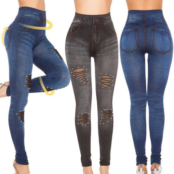 Leggins Denim Elásticos con Detalles de Malla y Perlas