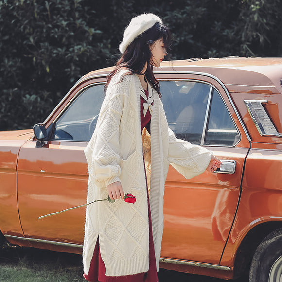 Cardigan Blanco Tejido Largo Mujer - Suéter Holgado Primavera Otoño