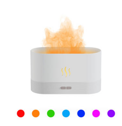 Black aroma diffuser with purple flame light effect and mist, featuring control buttons and a flame icon. - Image 4