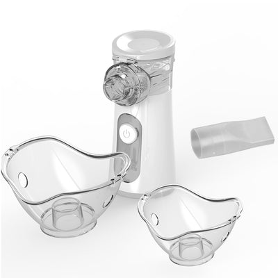 White and blue handheld ultrasonic nebulizer with a clear mask, emitting a blue light, against a bright blue sky. - Image 7