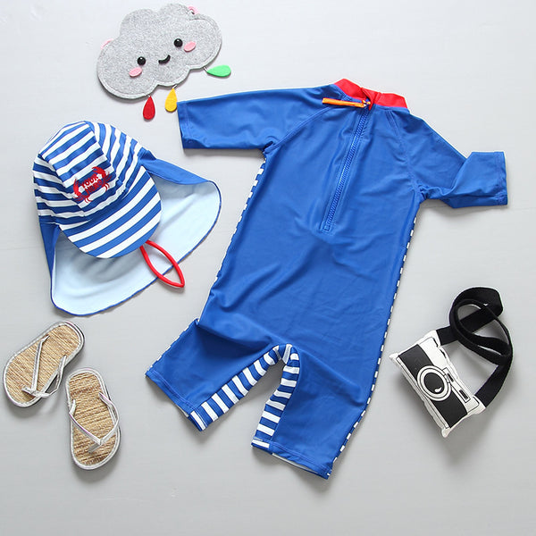 Traje de Baño Infantil a Rayas Azul Marino - Conjunto Completo para Surf y Spa