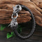 Pulsera de Cuero con Cabeza de Lobo en Acero Titanio para Hombre
