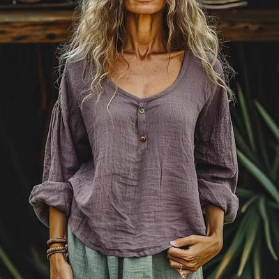 Blusa Lino Suelta Casual Manga Larga Color Sólido para Mujer - Image 4