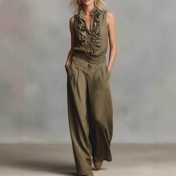 Conjunto Elegante de Lino: Blusa sin Mangas y Pantalón de Pierna Ancha - Image 6