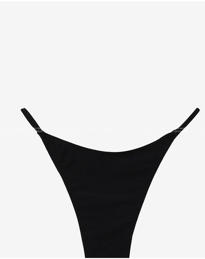 Black pure color bikini with a strapless tie-front bandeau top and matching T-back thong bottoms. - Image 34