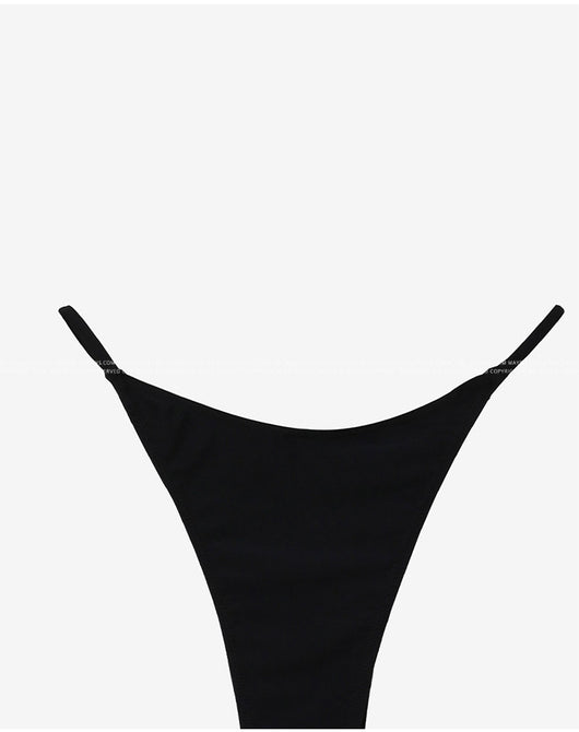 Black pure color bikini with a strapless tie-front bandeau top and matching T-back thong bottoms. - Image 34