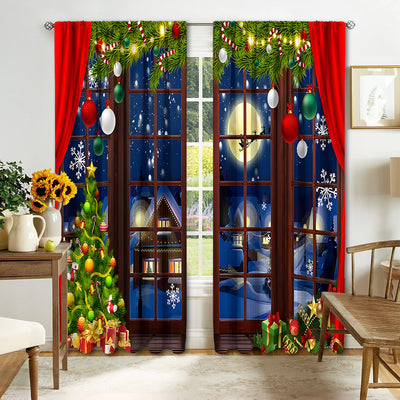 Digital printed Christmas curtains with a festive garland design, red ornaments, bows, and berries, on a white background. - Image 8
