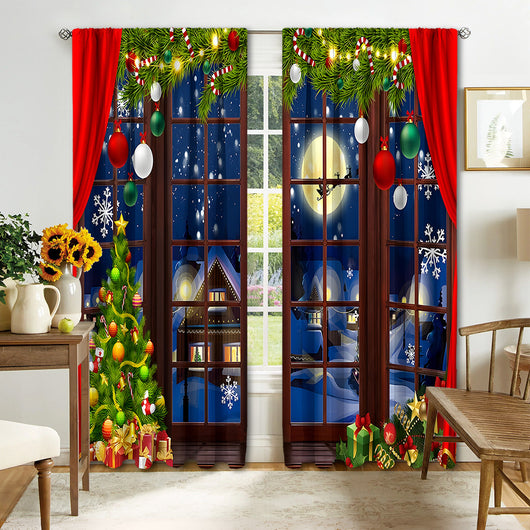 Digital printed Christmas curtains with a festive garland design, red ornaments, bows, and berries, on a white background. - Image 8
