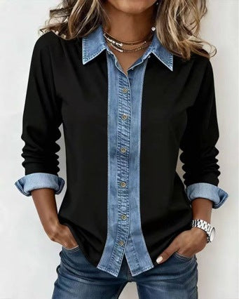Suéter Denim Patchwork con Cuello Solapa - Estilo Europeo Oversize - Image 13