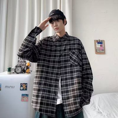 Camisa de Cuadros Negra Suelta y Casual de Manga Larga para Hombre - Image 2
