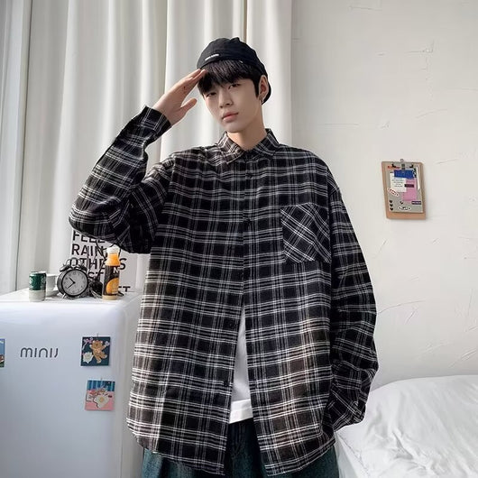 Camisa de Cuadros Negra Suelta y Casual de Manga Larga para Hombre - Image 2