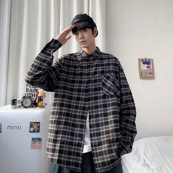 Camisa de Cuadros Negra Suelta y Casual de Manga Larga para Hombre