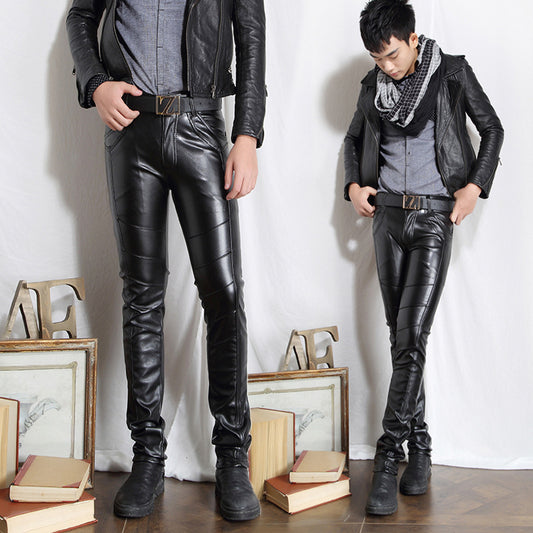 Pantalones de Cuero para Hombre Estilo Coreano Slim Fit Apilados Otoño-Invierno