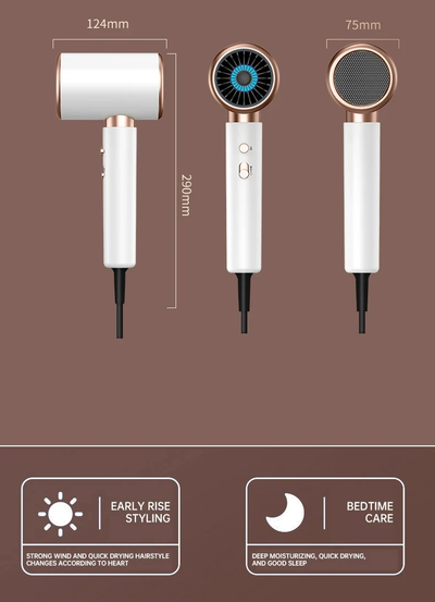 White professional hair dryer with rose gold accents, blue fan, and two control buttons, shown with a US 110V plug and a 360-degree rotating air collector nozzl - Image 46