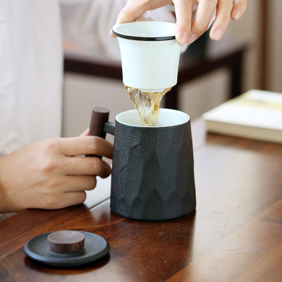 Taza de Cerámica para Oficina con Asa de Madera, Tapa y Filtro Separador