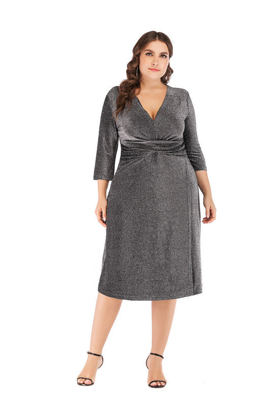 Vestido de Fiesta Midi en Seda Brillante con Escote V y Cintura Alta - Tallas Grandes - Image 12