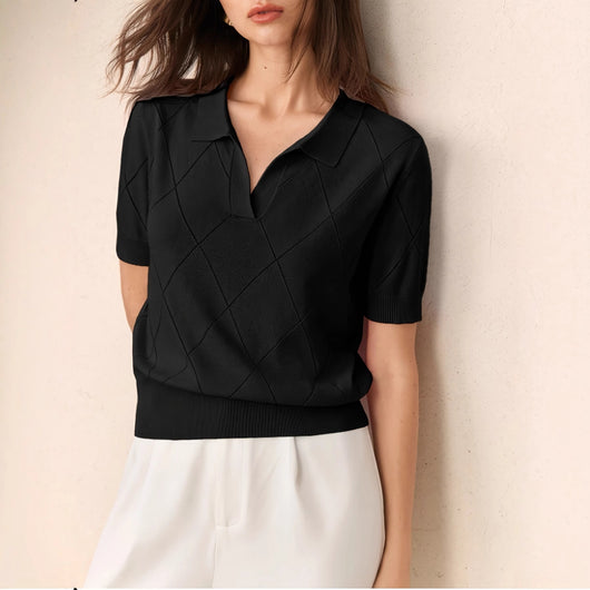 Suéter Cuello Alto Punto Diamante Manga Corta para Mujer