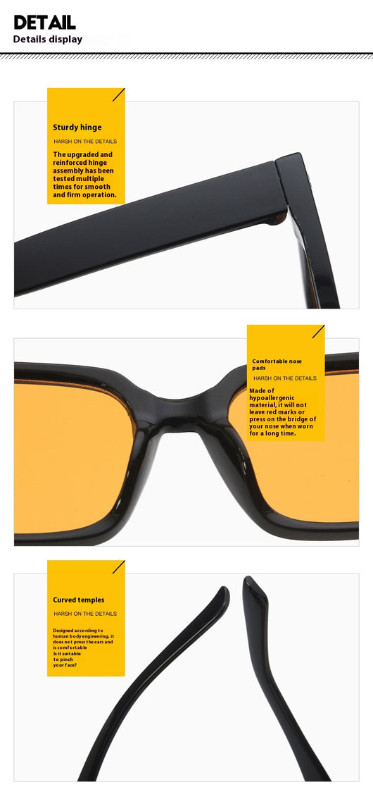 Women's retro hip hop fashion sunglasses with bright black frames, dark gray rectangular lenses, and gold accents. - Image 21