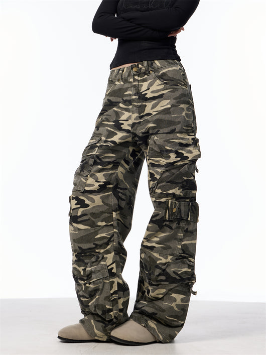 Pantalones Cargo Camuflaje Mujer Pierna Ancha Suelta - Image 22