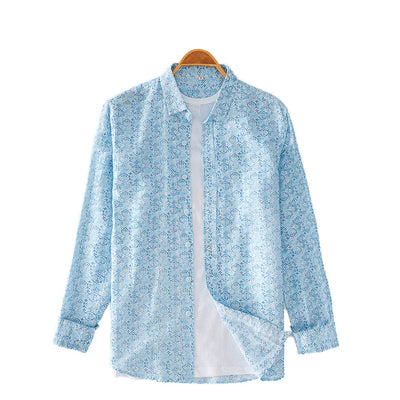 Camisa Casual de Algodón y Lino con Estampado y Cuello Solapa para Hombre