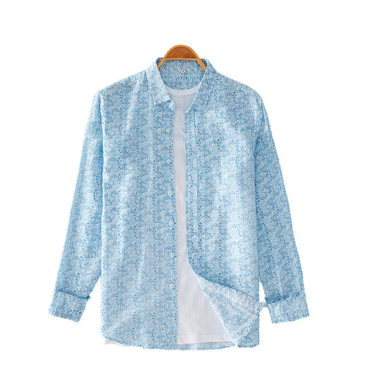 Camisa Casual de Algodón y Lino con Estampado y Cuello Solapa para Hombre