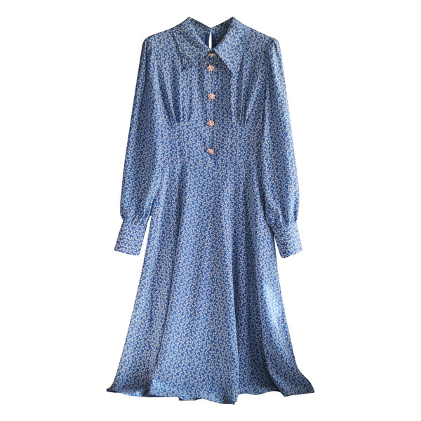 Vestido de Seda Azul con Botones de Cristal y Flores - Talla Pequeña